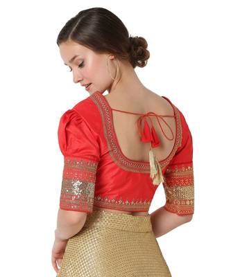 Salwar Studio Women's Red Cotton Silk Embroidered Readymade Saree Blouse 2