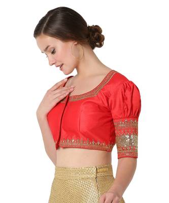 Salwar Studio Women's Red Cotton Silk Embroidered Readymade Saree Blouse 3