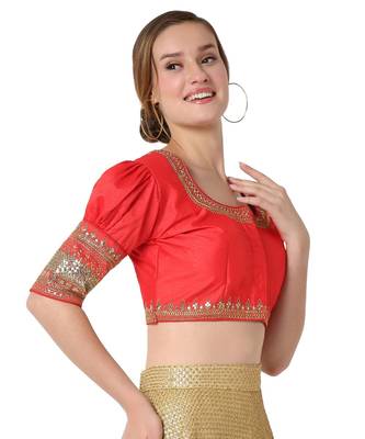 Salwar Studio Women's Red Cotton Silk Embroidered Readymade Saree Blouse 4