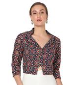 Salwar Studio Women's Navy Blue Cotton Printed Readymade Saree Blouse