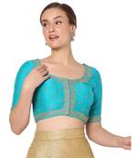 Salwar Studio Women's Blue Silk Blend Embroidered Readymade Saree Blouse