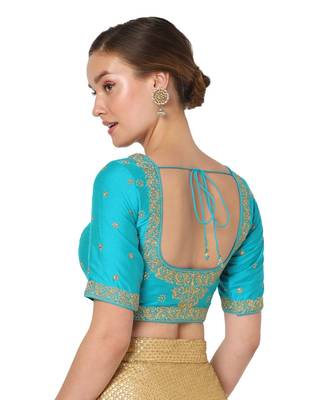Salwar Studio Women's Blue Silk Blend Embroidered Readymade Saree Blouse 2