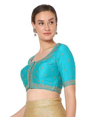 Salwar Studio Women's Blue Silk Blend Embroidered Readymade Saree Blouse 3