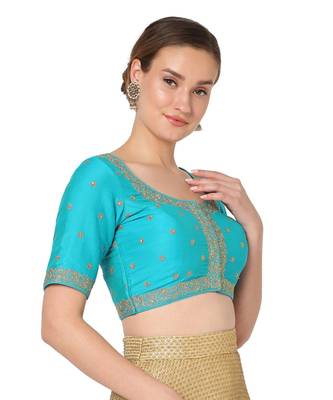 Salwar Studio Women's Blue Silk Blend Embroidered Readymade Saree Blouse 4