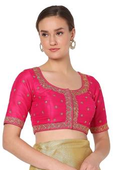 Salwar Studio Women's Pink Silk Blend Embroidered Readymade Saree Blouse