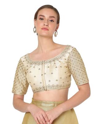 Salwar Studio Women's Beige Silk Blend Embroidered Readymade Saree Blouse 1