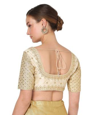 Salwar Studio Women's Beige Silk Blend Embroidered Readymade Saree Blouse 2