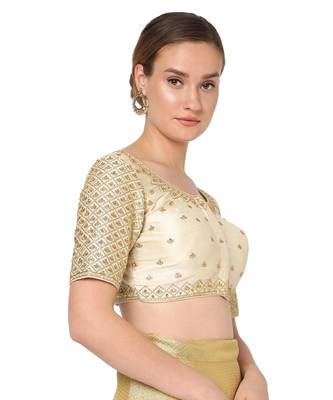 Salwar Studio Women's Beige Silk Blend Embroidered Readymade Saree Blouse 4