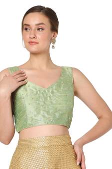 Pastel Green Silk Sleeveless Embroidered Blouse with V-Neck