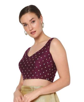 Salwar Studio Women's Purple Raw Silk Embroidered Readymade Saree Blouse 3