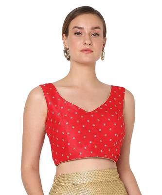 Salwar Studio Women's Red Raw Silk Embroidered Readymade Saree Blouse 1