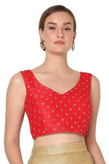 Salwar Studio Women's Red Raw Silk Embroidered Readymade Saree Blouse