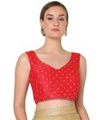 Salwar Studio Women's Red Raw Silk Embroidered Readymade Saree Blouse