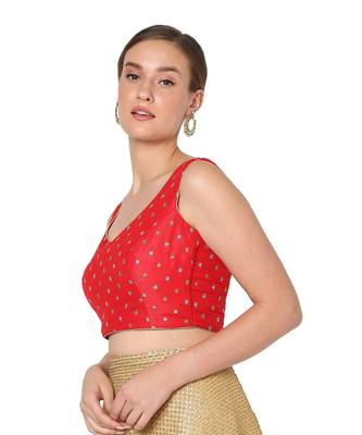 Salwar Studio Women's Red Raw Silk Embroidered Readymade Saree Blouse 3