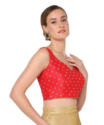 Salwar Studio Women's Red Raw Silk Embroidered Readymade Saree Blouse 4