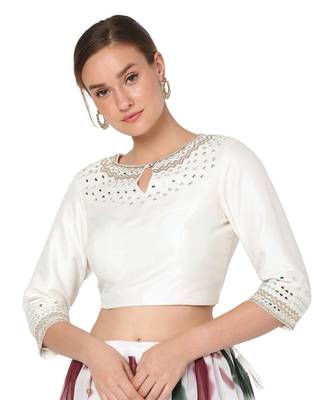 Salwar Studio Women's White Raw Silk Embroidered Readymade Saree Blouse 1