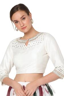 Salwar Studio Women's White Raw Silk Embroidered Readymade Saree Blouse