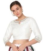 Salwar Studio Women's White Raw Silk Embroidered Readymade Saree Blouse
