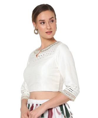 Salwar Studio Women's White Raw Silk Embroidered Readymade Saree Blouse 3