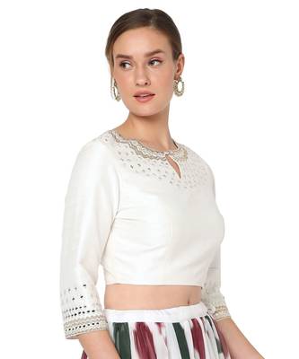 Salwar Studio Women's White Raw Silk Embroidered Readymade Saree Blouse 4