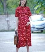 Womens Maroon Floral Fit and flare Midi Rayon Maternity & Nursing Dress