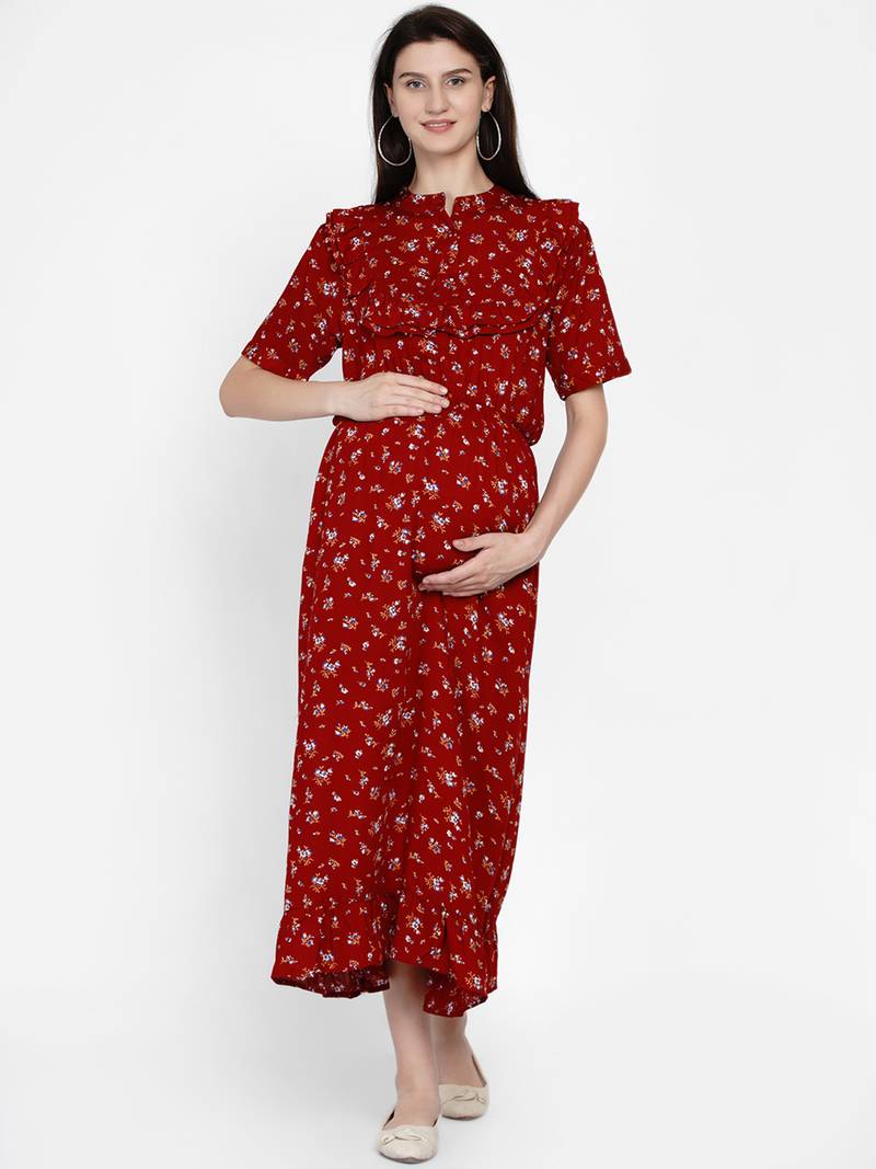 Womens Maroon Floral Fit and flare Midi Rayon Maternity & Nursing Dress