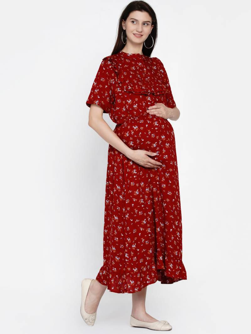 Womens Maroon Floral Fit and flare Midi Rayon Maternity & Nursing Dress