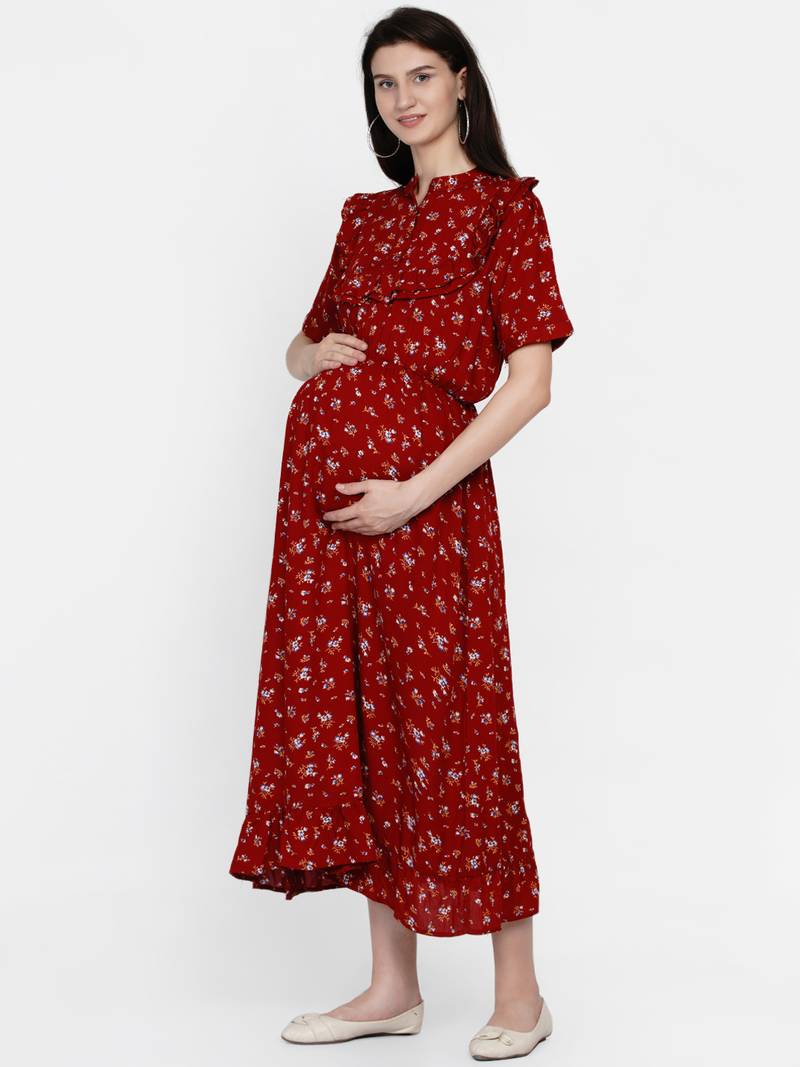 Womens Maroon Floral Fit and flare Midi Rayon Maternity & Nursing Dress