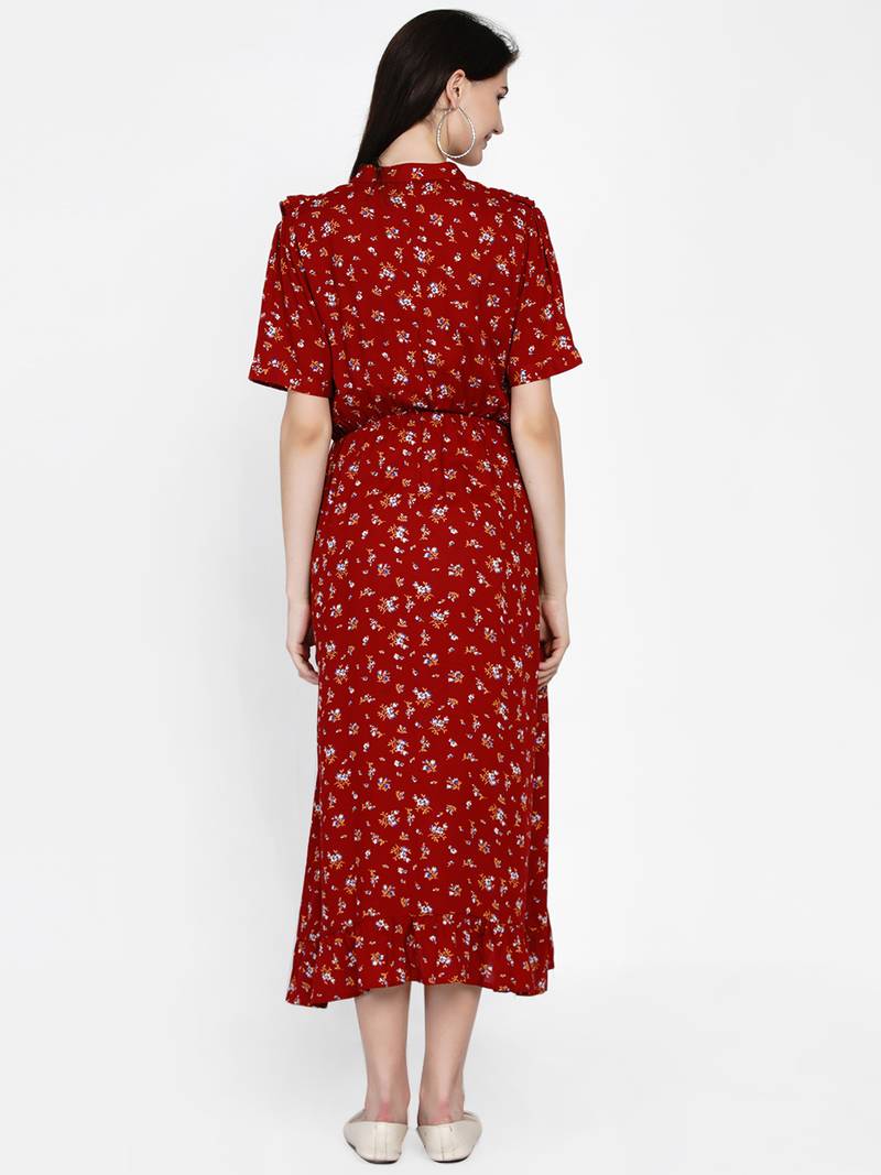 Womens Maroon Floral Fit and flare Midi Rayon Maternity & Nursing Dress