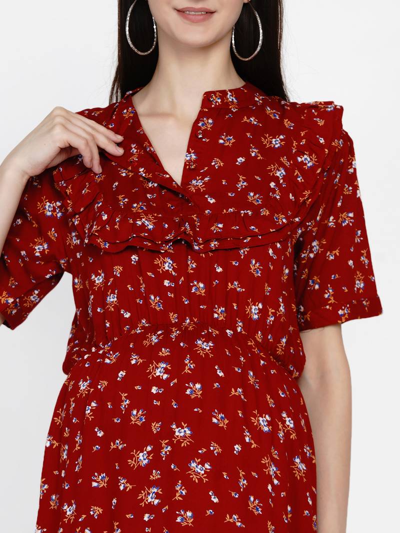 Womens Maroon Floral Fit and flare Midi Rayon Maternity & Nursing Dress