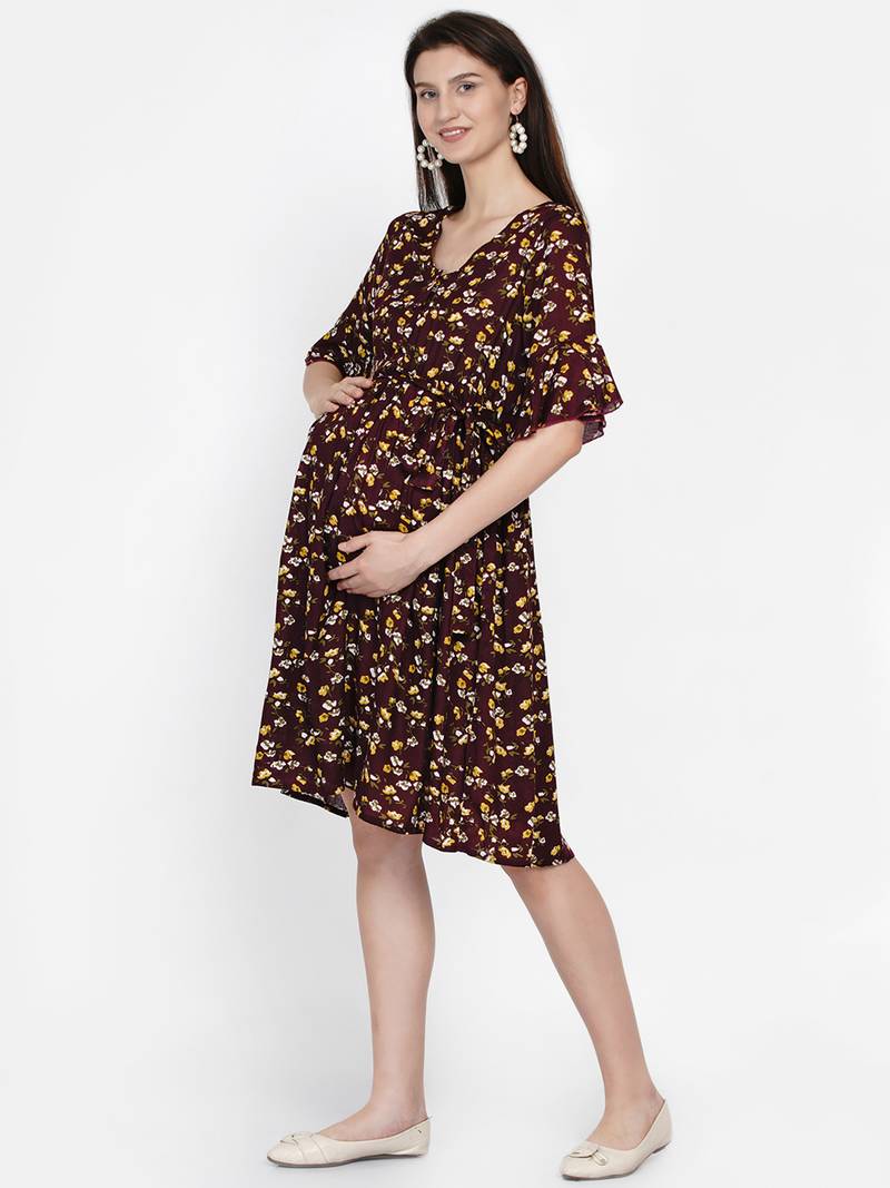Womens Wine Floral Fit & flare Midi Rayon Maternity & Nursing Dress -  Mine4Nine - 3832713
