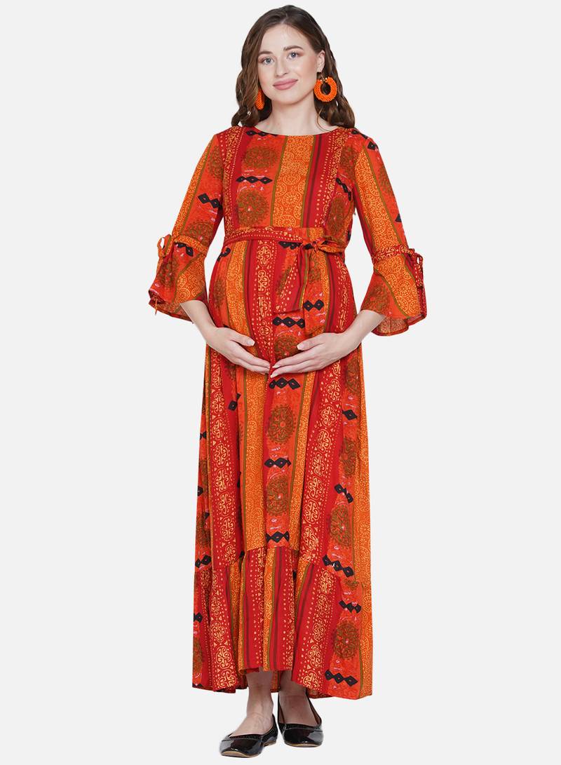 Mine4Nine Womens Maternity Floral Print Orange Maxi Dress