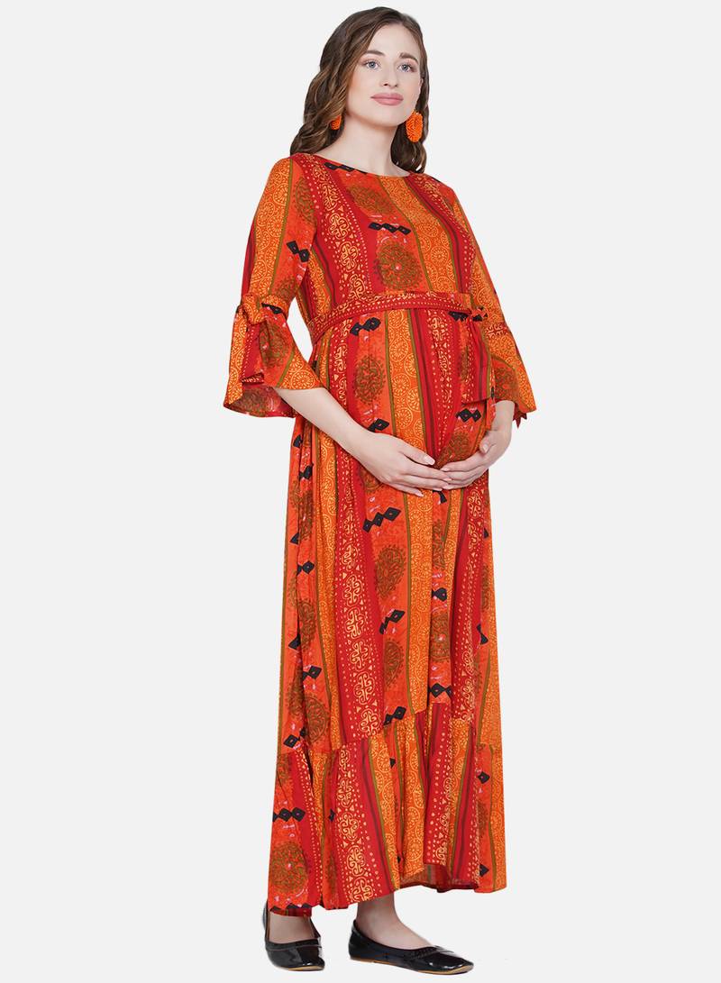 Mine4Nine Womens Maternity Floral Print Orange Maxi Dress