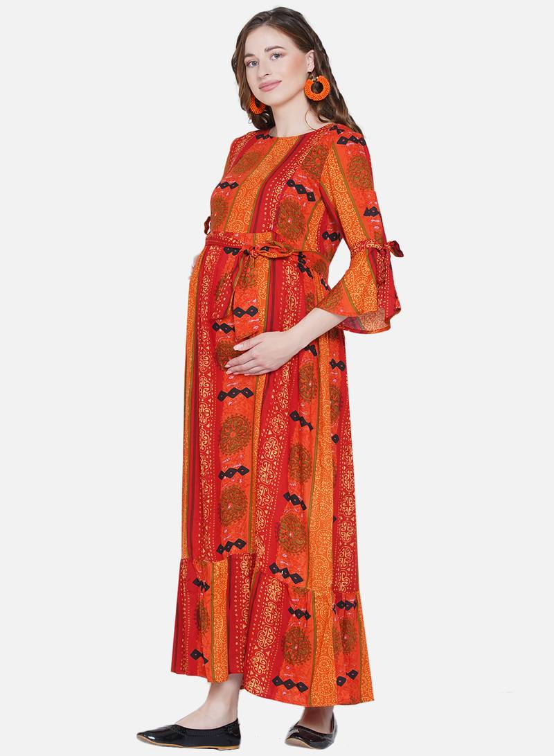 Mine4Nine Womens Maternity Floral Print Orange Maxi Dress
