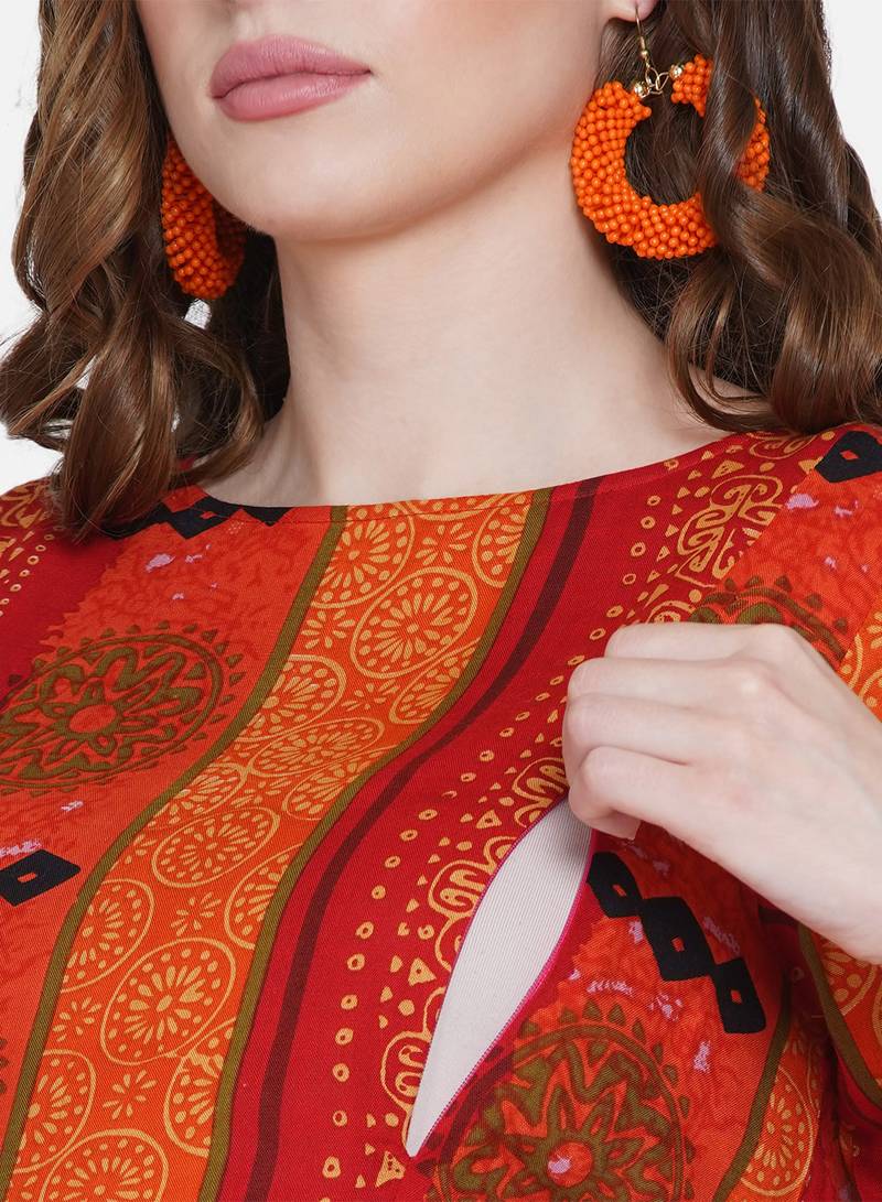 Mine4Nine Womens Maternity Floral Print Orange Maxi Dress