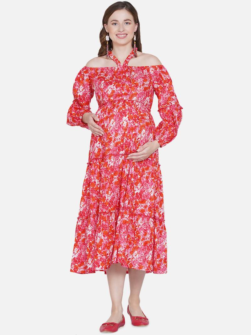 Mine4Nine Womens Maternity Floral Print Orange Midi Dress