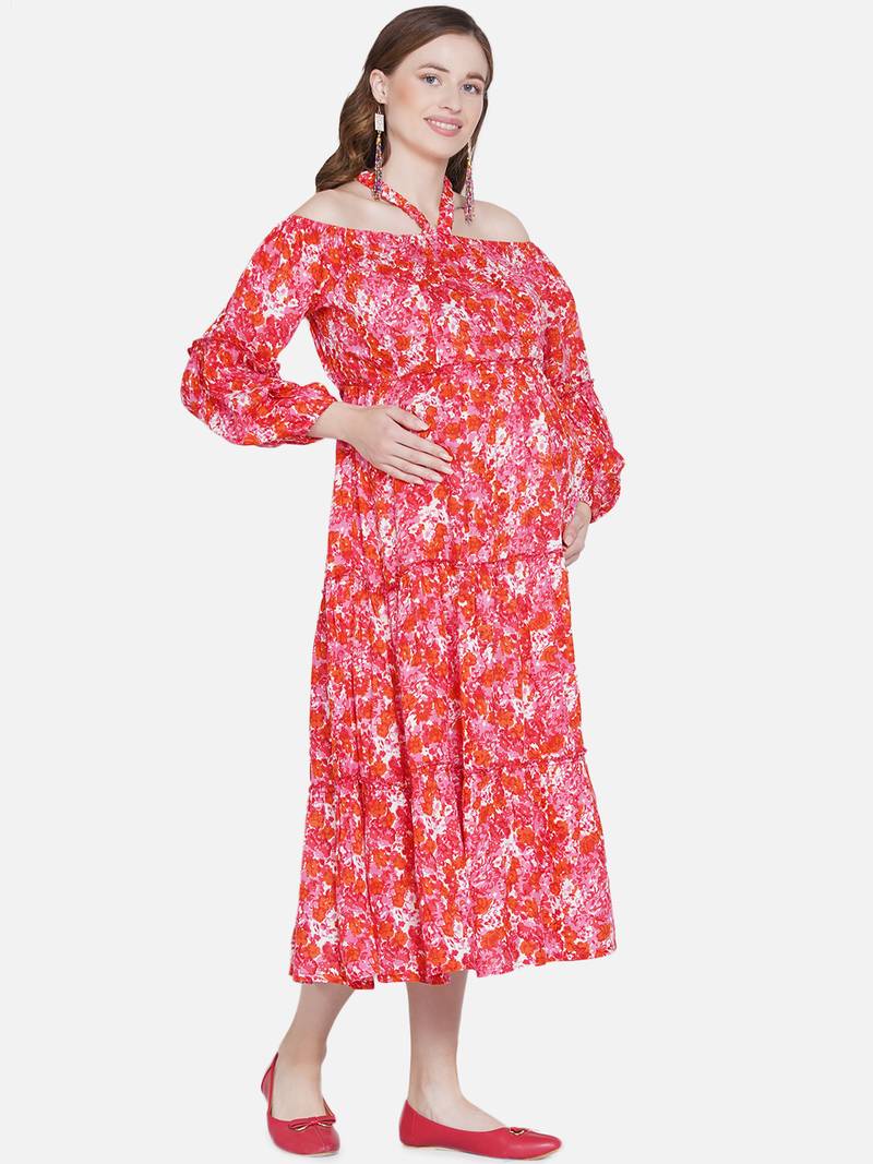 Mine4Nine Womens Maternity Floral Print Orange Midi Dress