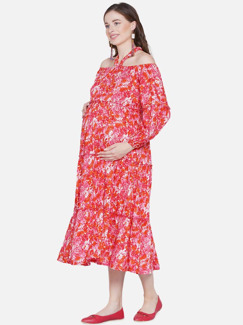 Mine4Nine Womens Maternity Floral Print Orange Midi Dress