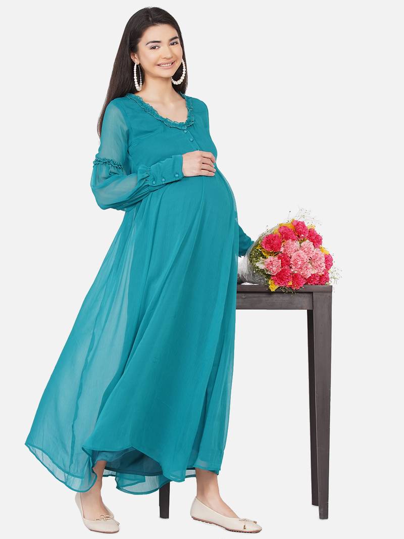 Mine4Nine Womens Maternity Solid Green Color Maxi Baby Shower Dress