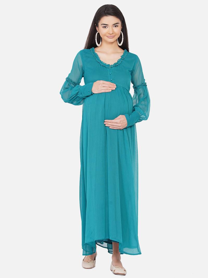 Mine4Nine Womens Maternity Solid Green Color Maxi Baby Shower Dress