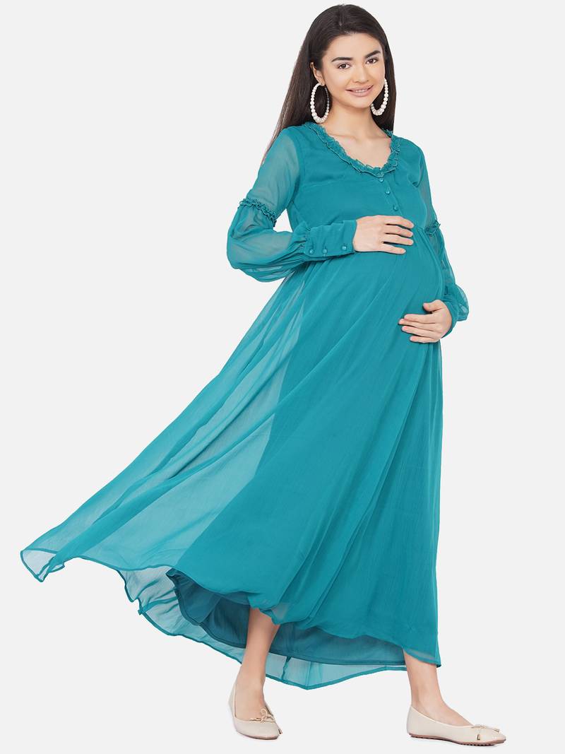 Mine4Nine Womens Maternity Solid Green Color Maxi Baby Shower Dress