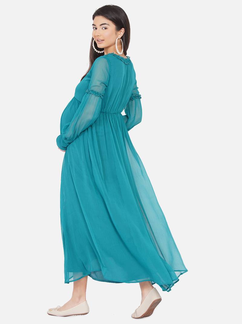 Mine4Nine Womens Maternity Solid Green Color Maxi Baby Shower Dress