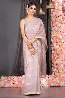 dusky pink organza saree with gota work and scallop border