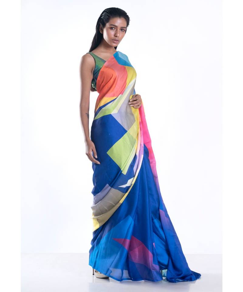 crystal digital printed satin georgette saree
