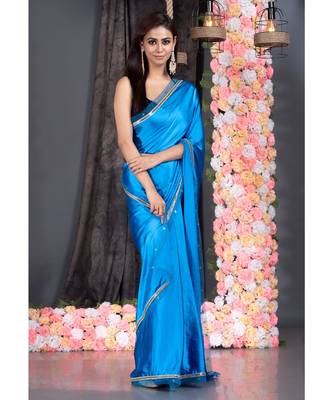 blue satin saree with embroidered border 1