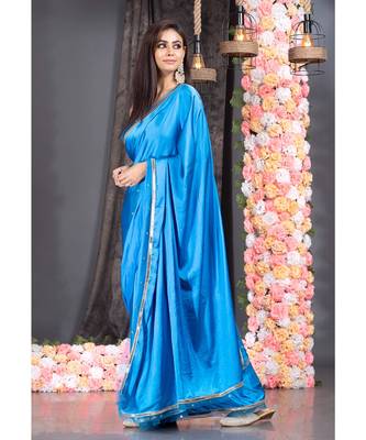 blue satin saree with embroidered border 2