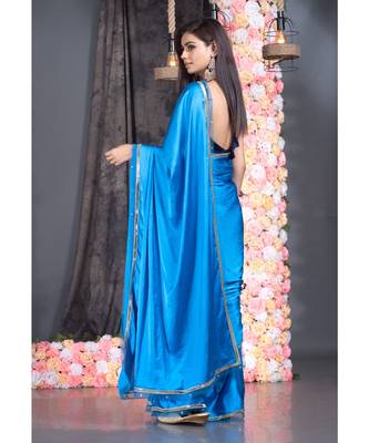 blue satin saree with embroidered border 3