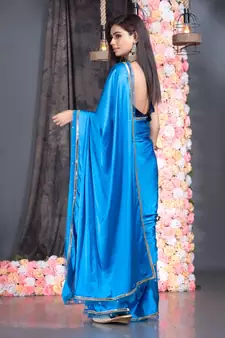 blue satin saree with embroidered border