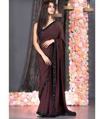 chocolate brown pure georgette hand embroidered black lace with fringes on pallu