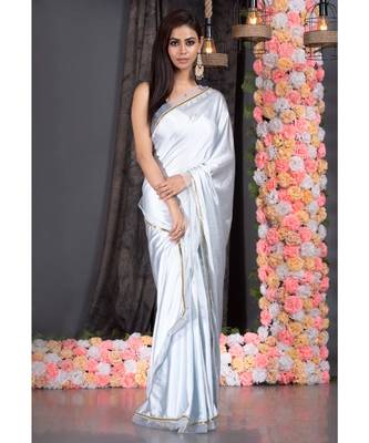 Boveee Silver Silk Solid Saree 1